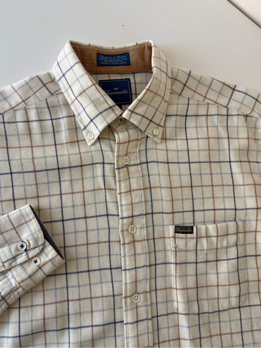 Vintage Faconnable Wool Cotton Men’s Medium Cream Checkered Shirt Preppy